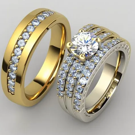 two gold and silver wedding rings with diamonds