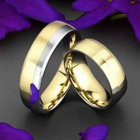 two wedding rings with a purple flower in the background