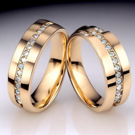 two gold wedding rings with diamonds on them