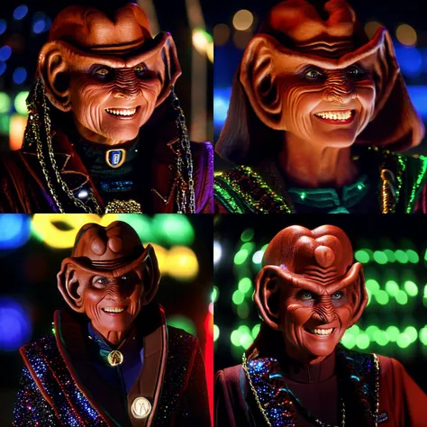 sdn, a medium portrait of Heidi Klum, ferengi, woman, wearing ferengi clothing, happy expression, standing on promenade, sharp focus, glowing lights, background out of focus, to8contrast style, <lora:theovercomer8sContrastFix_sd21768:0.6>, Nikon D70, award...