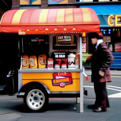 sdn jean luke picard captain of a hot dog stand, ketchup, mustard, relish, oniions, hat, hot dog cart, newspaper stand, sidewalk, city street, new york city, cloudy day,