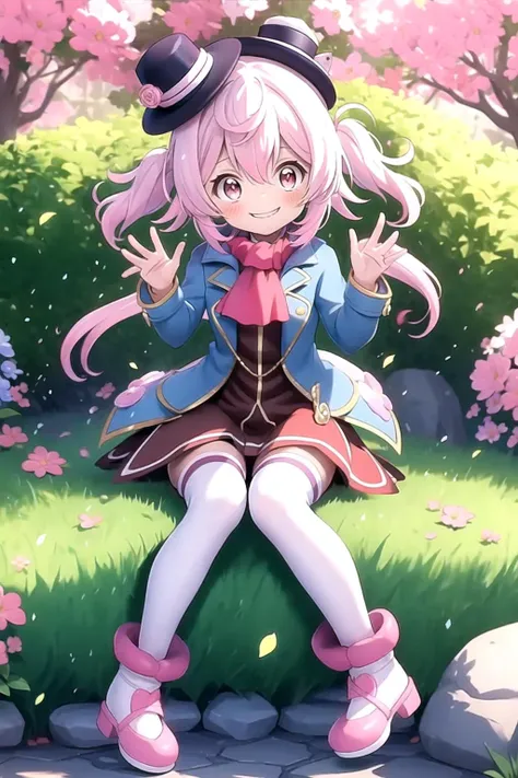 anime girl sitting on a rock in a park with flowers