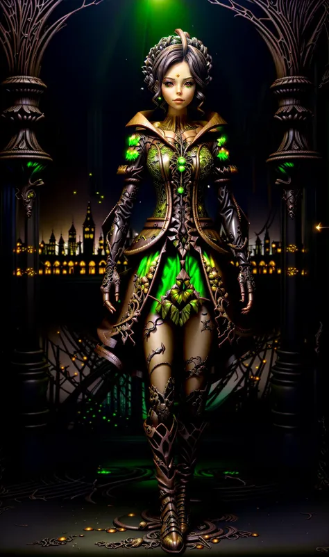 <lora:xs-nutcarving>, xs-nut-carving, city,dark fantasy, adult woman, intricate highly detailed Acid Green Aluminum Antique bronze witch costume, outdoors parade, cityscape, realistic full-body photograph, dynamic pose shot, Salem, Sunset