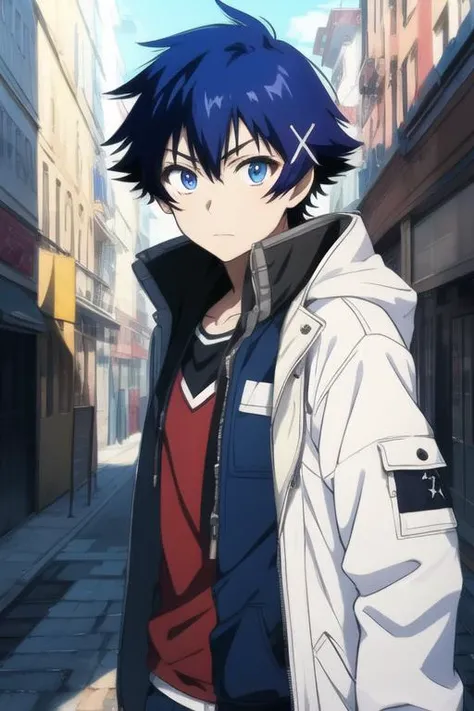 masterpiece, best quality, high quality, 1boy, solo, male focus, looking at viewer, , , <lora:raku_ichijou:0.70>, raku_ichijou, blue hair, blue eyes, , coat