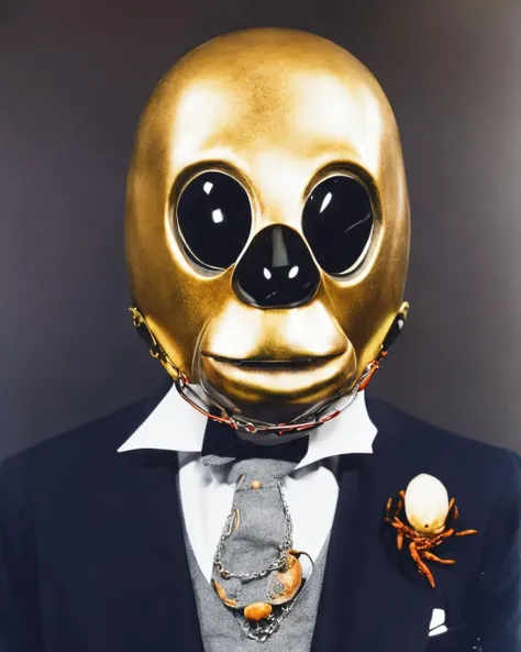 a man in a suit and tie holding a crab with two legs and a face on its chest and a chain around his neck , Creepy_mask <lora:Creepy_mask_SD15:0.75>