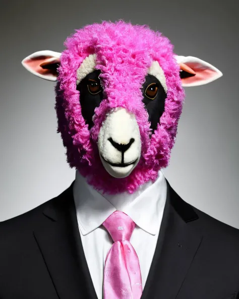 a sheep wearing a suit and tie with a pink jacket and tie on its head and a pink jacket and tie on his head , Creepy_mask <lora:Creepy_mask_SD15:0.75>