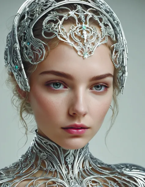 hyper realistic photography of a stunningly cyborg female and,intimate,intricate filigree,in the style of beth cavener,jin kagetsu,and wlop,highly detailed,chrome symmetry,masterpiece,award - winning,sharp focus,concept art,high key,ambient lighting,8 k,oc...