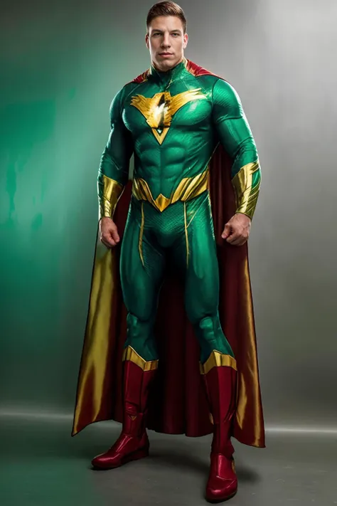 superheros secret lair, muscular (NikoVangelis) wearing green and gold  (superhero suit:1.4), cape, armor, metallic sheen, (((full body portrait))), wide angle  <lora:NikoVangelis:0.75>   <lora:Superhero_suit:0.75>