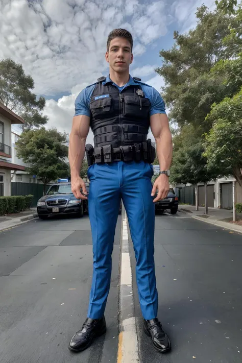 arafed man in blue pants and a police vest standing on a street