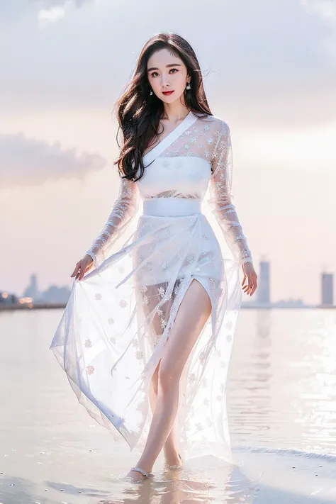 (8k, best quality, masterpiece:1.2), (realistic, photo-realistic:1.37), night, dating, (nose blush), (smile:1), (closed mouth) ,small breasts, beautiful detailed eyes, wet, rain, white lace, floating hair,1girl wearing tangstyle dress,(hanstyle,hanfu:1.2),...