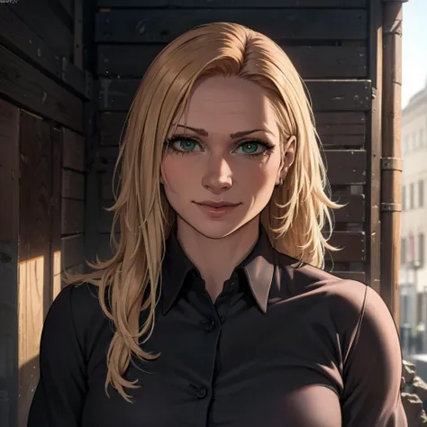 blond woman with blue eyes and a black shirt standing in front of a building