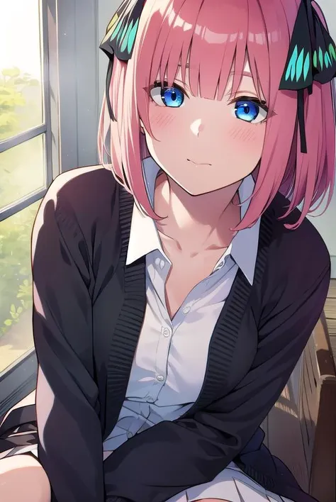 anime girl with pink hair and blue eyes sitting on a bench