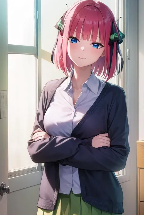 anime girl with pink hair and green skirt standing in front of a window