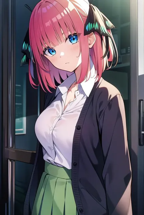 anime girl with pink hair and green skirt standing in front of a window