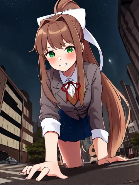 monika, bangs, very long hair, long hair, neck ribbon, ponytail, shirt, school uniform, hair bow, white bow, pleated skirt, brown hair, grey jacket, sidelocks, solo, blue skirt, 1girl, breasts, blazer, green eyes, medium breasts, long legs,
detailed eyes, ...