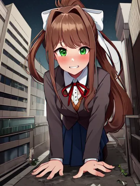 monika, bangs, very long hair, long hair, neck ribbon, ponytail, shirt, school uniform, hair bow, white bow, pleated skirt, brown hair, grey jacket, sidelocks, solo, blue skirt, 1girl, breasts, blazer, green eyes, medium breasts, long legs,
detailed eyes, ...