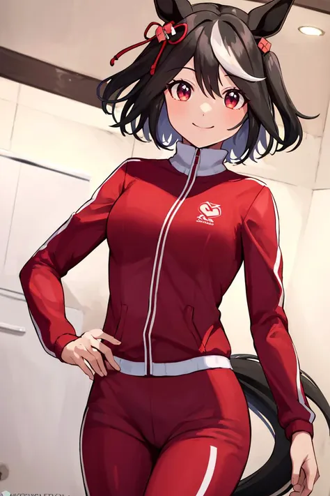 anime girl in red outfit with cat ears and red pants