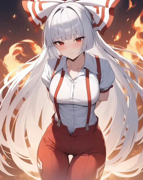 masterpiece,best quality,<lora:dongfangv1-000008:1>,no_mokou_touhou,1girl,suspenders,fire,white_shirt,pants,white_bow,red_pants,