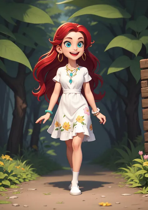 European and American cartoons, game characters, original design, 1girl, solo, long hair, red hair, blue eyes, jewelry, smile, dress, socks, white footwear, full body, shoes, bracelet, , floral print, short sleeves, earrings, necklace, looking at the audie...