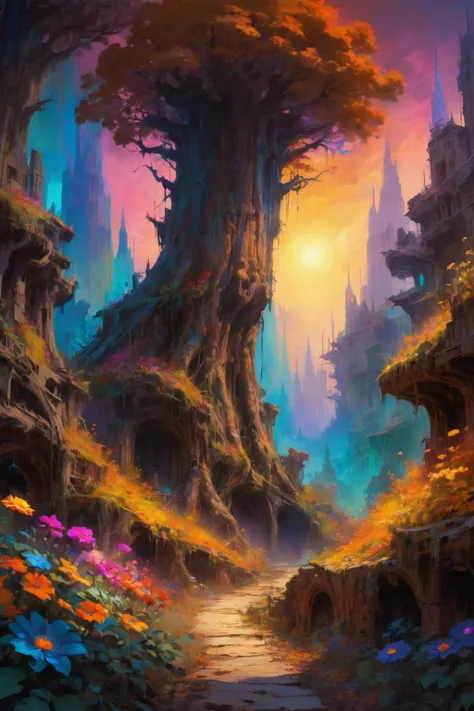 masterpiece, overgrown brutalism, Bark Brown glow, glowing trees, colorful flowers, breathtaking landscape, (a fantasy town  in the style of mystical digital painting  , hard lighting Radial Blur and vibrant colors and volumetrics dtx , , soft borders Fran...