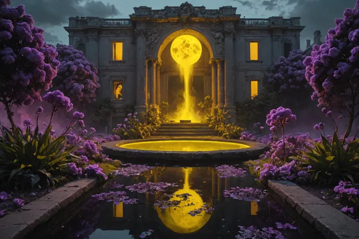 masterpiece, professional artwork, famous artwork, cinematic lighting, cinematic bloom, overgrown brutalism, neon Purple glow, Smoke gray flowers, (cosmic city with a large glowing yellow pool), breathtaking landscape, cinematic, detailed, detailed, insane...