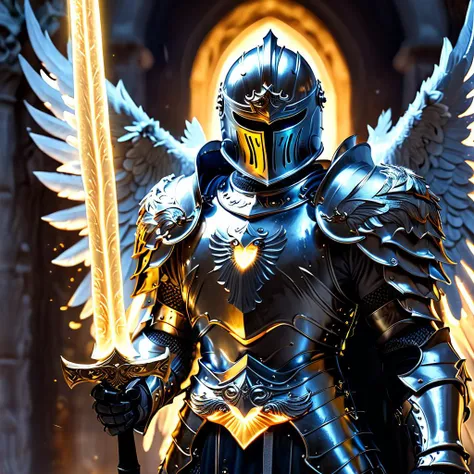 man, fantasy, HKStyle, angelic, background light, helmet, glowing face glowing, silver armor, holding hammer, glowing eyes, (luminous angel wings), <lora:HKStyle_V3:0.8> <lora:RossTranXL:0.3>