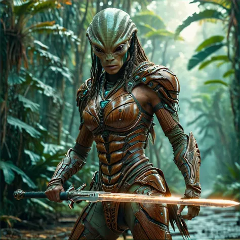 In motion cinematic shot of an alienailf amazonian warrior wearing a wooden armor on a vibrant alien jungle planet, wielding a glowing alien-sword, sword pointing forward, detailed background, HKStyle, UHD, DSLR, insane details, reflections, realistic shad...