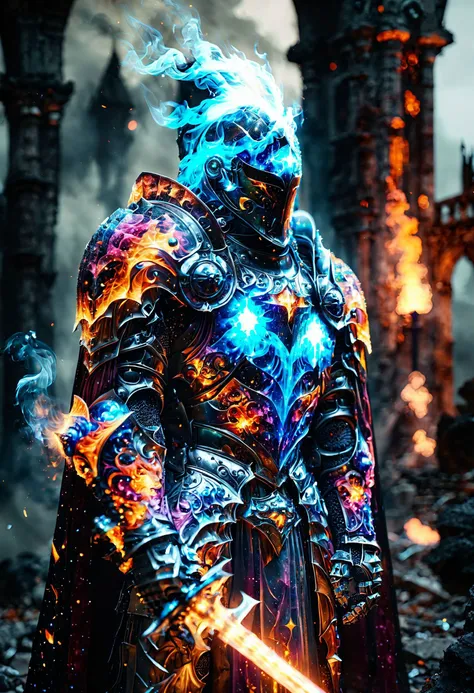 cinematic ,HKStyle, Soul Knight, brillant cosmic color necromantic armor , cape, armor infused with a robe, glowing eyes,smoke, nature inspired, night at the ruined city, disturbing, blurry background, depressing, masterpiece, HD, <lora:HKStyle_V3:1>,
<l...