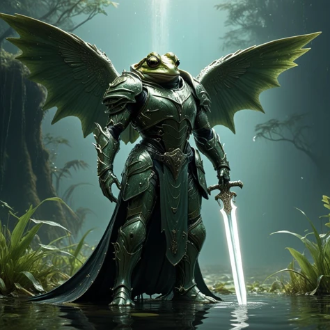 meme art,  full-body, Frogman, standing, swamp, Wings, plate armor, holding a sword,intricate, dramatic lighting, HKStyle, <lora:FantasyKnightsHKStyle:0.7>