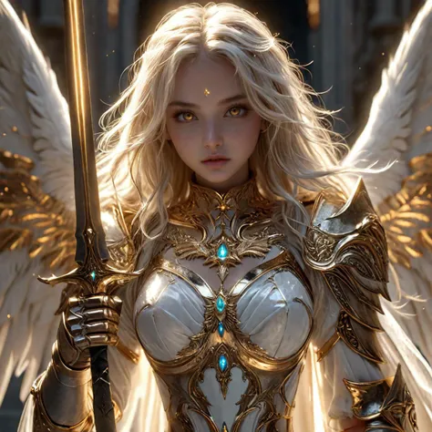 1beautiful angel girl,organic wires,detailed skin,metal skin,realistic,intense shadows,darkness,sun,sparks,bra,bracelet,white skin,(golden very long hair:1.5),sweet,<lora:FantasyKnightsHKStyle:0.8>,HKStyle,<lora:add-detail-xl:1>,<lora:DetailedEyes_V3:1>,gl...