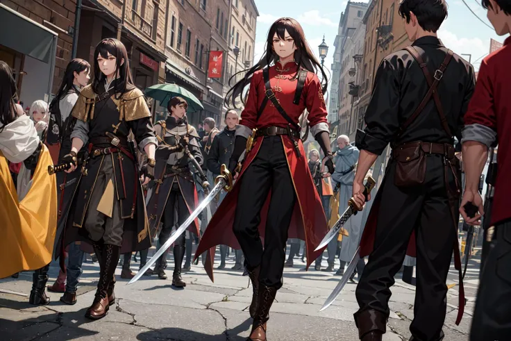 anime characters in costumes walking down a street with swords