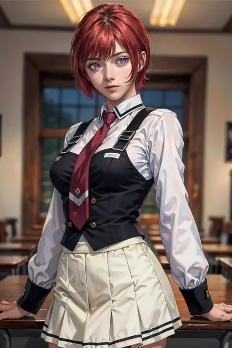 best quality,masterpiece,highres,original,extremely detailed wallpaper,perfect lighting,extremely detailed CG,blurry background,standing,
<lora:TakashiroGaiden:0.7>,takashirogaiden,red hair,purple eyes,short hair,school uniform,red necktie,