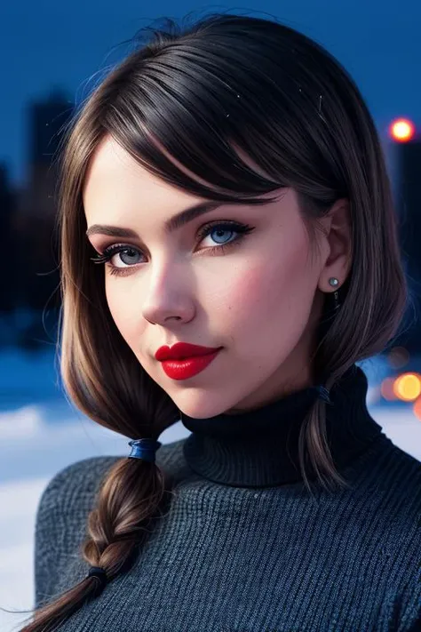 photo of a woman, scarlettjo:0.99, ((short hair, dark blue hair, twintails, twin tails)), ((turtleneck sweater, jacket)), ((outdoors, city, at night, snow)),smiling, ((red lipstick, eyeliner, eye shadow, blush)), ((best quality, masterpiece, extreme detail...