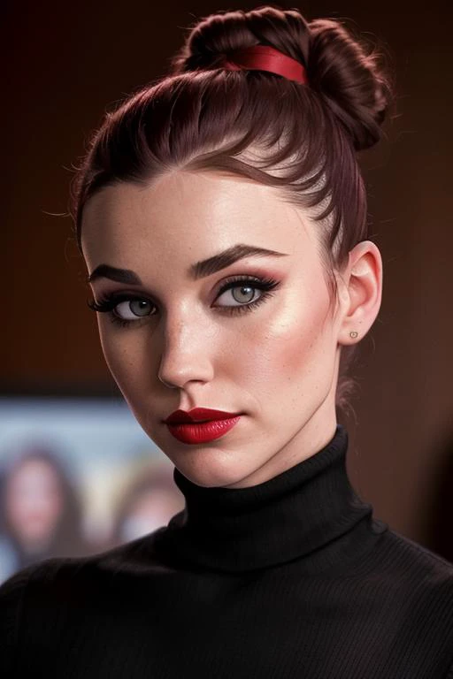 photo of gracecc, ((dark red hair, hair up, hair in bun)), a woman, ((turtleneck sweater)),  ((conference room)),((red lipstick,eyeliner, eye shadow, blush)), ((best quality, masterpiece, extreme details, high resolution):1.2),((detailed eyes, beautiful ey...