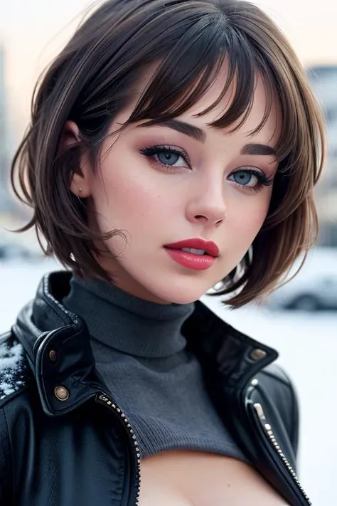 keeley:0.99, photo of a woman, ((short hair, pixie cut)), ((turtleneck sweater, jacket)), ((cowboy shot, waist, hips, thighs)), ((outdoors, city, at night, snow)),smiling, ((red lipstick, eyeliner, eye shadow, blush)), ((best quality, masterpiece, extreme ...