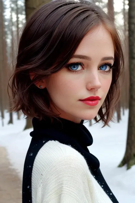 photo of a woman, evagreen:0.99, ((pale skin)), ((short hair, black hair))((turtleneck sweater dress, scarf):1.2),((cowboy shot, waist, hips, thighs):1.2),((outdoors, snow, forest):1.2),,((red lipstick, eyeliner, eye shadow, blush):1.2), ((best quality, ma...