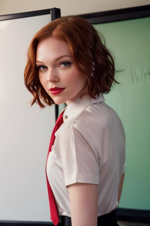 photo of a woman, laurap,((short hair)) ((necktie, shirt, dark red hair)), ((closeup, portrait)),((whiteboard, conference room)),smiling, ((red lipstick, eyeliner, eye shadow, blush)), ((best quality, masterpiece, extreme details, high resolution):1.2),((d...