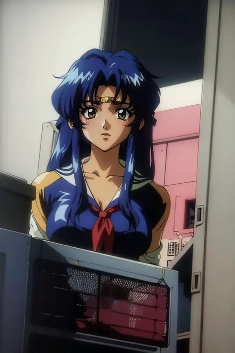 anime girl with blue hair and a red tie standing in front of a microwave