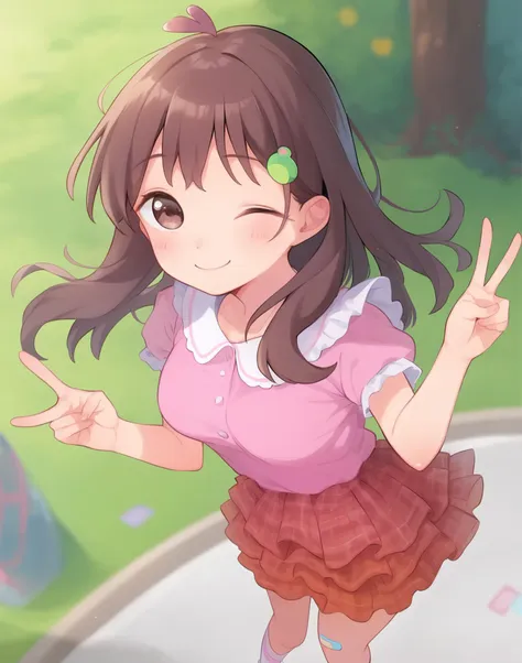 anime girl with brown hair and pink dress holding up a peace sign