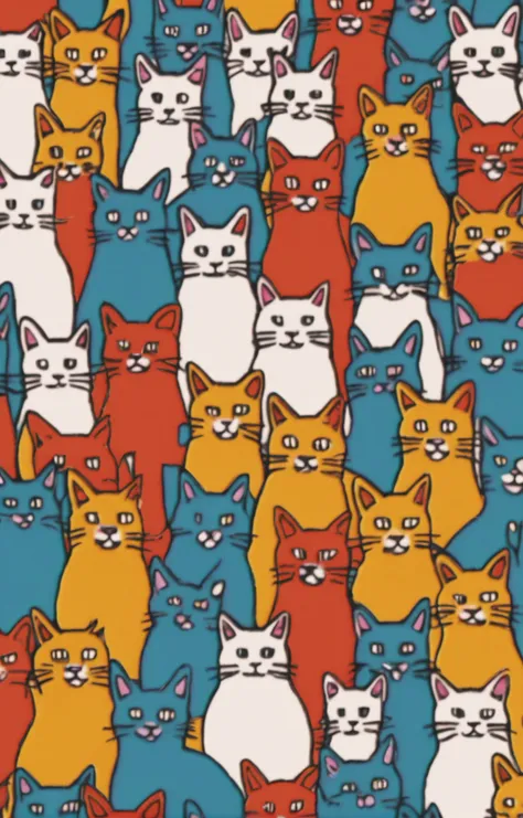 colorful, a cartoon of a clowder of cats, simple background, blue background <lora:Wake_Up_sdxl:0.75>