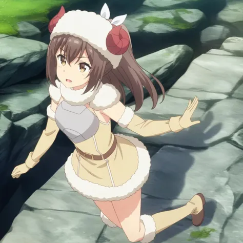 anime girl in a white outfit and a red hat running on a rock