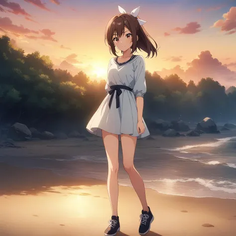 anime girl standing on the beach with her hands in her pockets