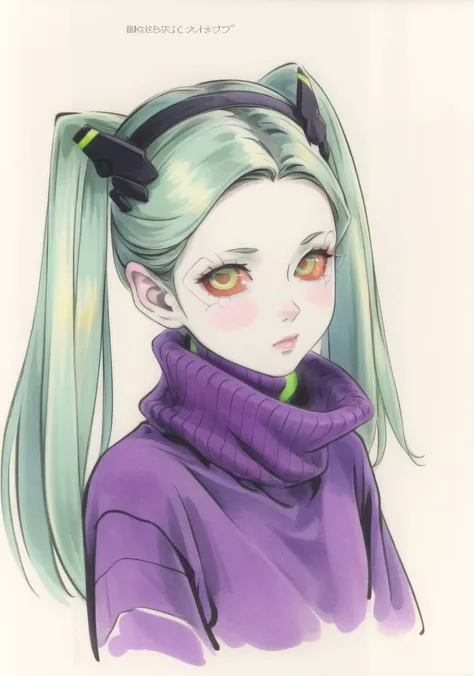 1girl, turtleneck sweater, <lora:honjou_raita_style_v01:0.6>, <lora:CPER_Rebecca-DEF:1> Rebecca, android seams, colored skin, green hair, pink sclera, artificial eye, hairband, twin tails, simple background  <lora:chichi-v1fix-lora-32dim-10ep-novae:0.65>, ...