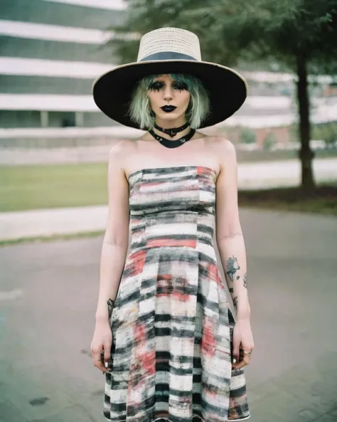 a woman wearing a hat and a dress ,  alt_style , alternative culture , alternative style ,<lora:alt_style:1.0>