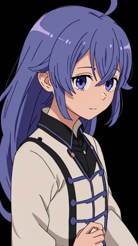 a woman with long blue hair and a white shirt