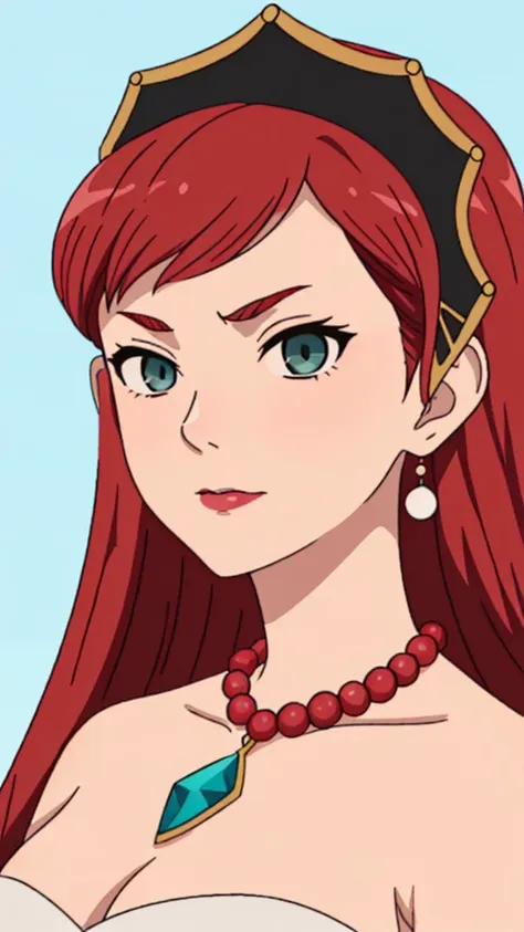 a close up of a woman with red hair wearing a necklace