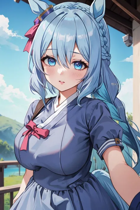 <lora:umamusume_locon:0.4>,mejiro ardan (umamusume),  1girl, horse tail, horse ears, animal ears, blue eyes, horse girl, very long hair, purple eyes, tail, long hair, solo, bangs, blue hair, grey hair, light blue hair, braid,<lora:last1234:0.8>, hanbok, ko...