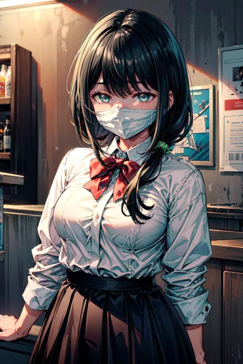 masterpiece,best quality,1girl,(solo),sssshass,black hair,surgical mask,blue eyes,bangs,long hair,low side ponytail,black skirt,white shirt,bangs,red bowtie,green hair scrunchie,expressionless,indoors,dutch angle,night,<lora:Concept-control tool-add_detail...