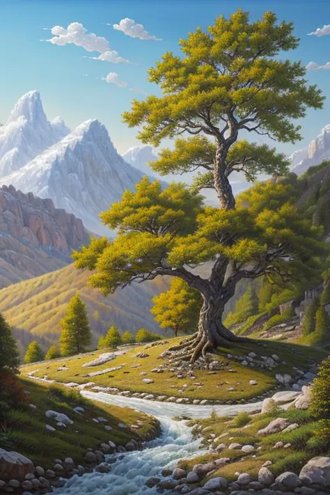 {{a cute tree in the mountain}},(best quality), masterpiece, best quality, high quality,scenery, outdoors,landscape, professional (landscape painting) of nature,Depth of Field,Photorealistic,extremely detailed,High Detail,  (ultra highres),  (hyper-detaile...