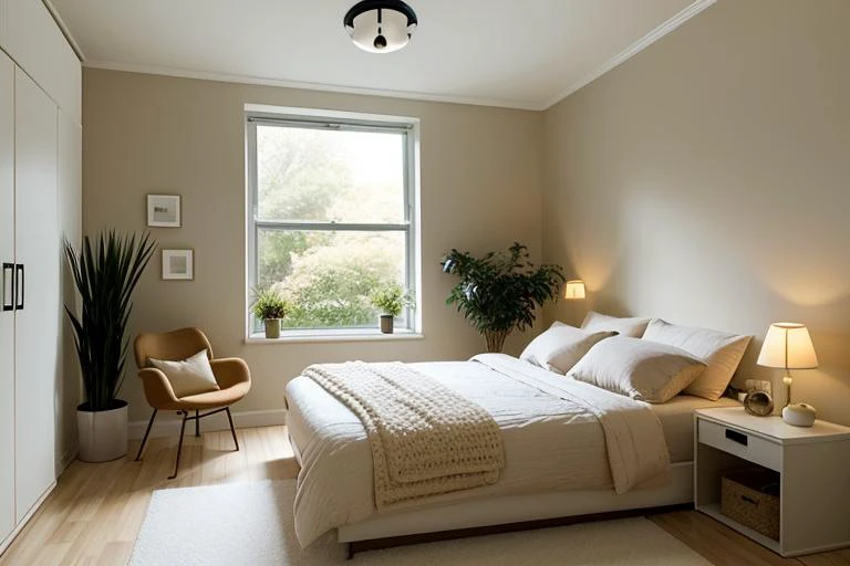 bedroom, cozy, comfortable, muted, cream, wall, ambiance, bedside lamp, soft, harmonious, bedding, pillows, minimalist, writing desk, chair, window, scenic, plants, decor, natural, lively, rest, family, friends.